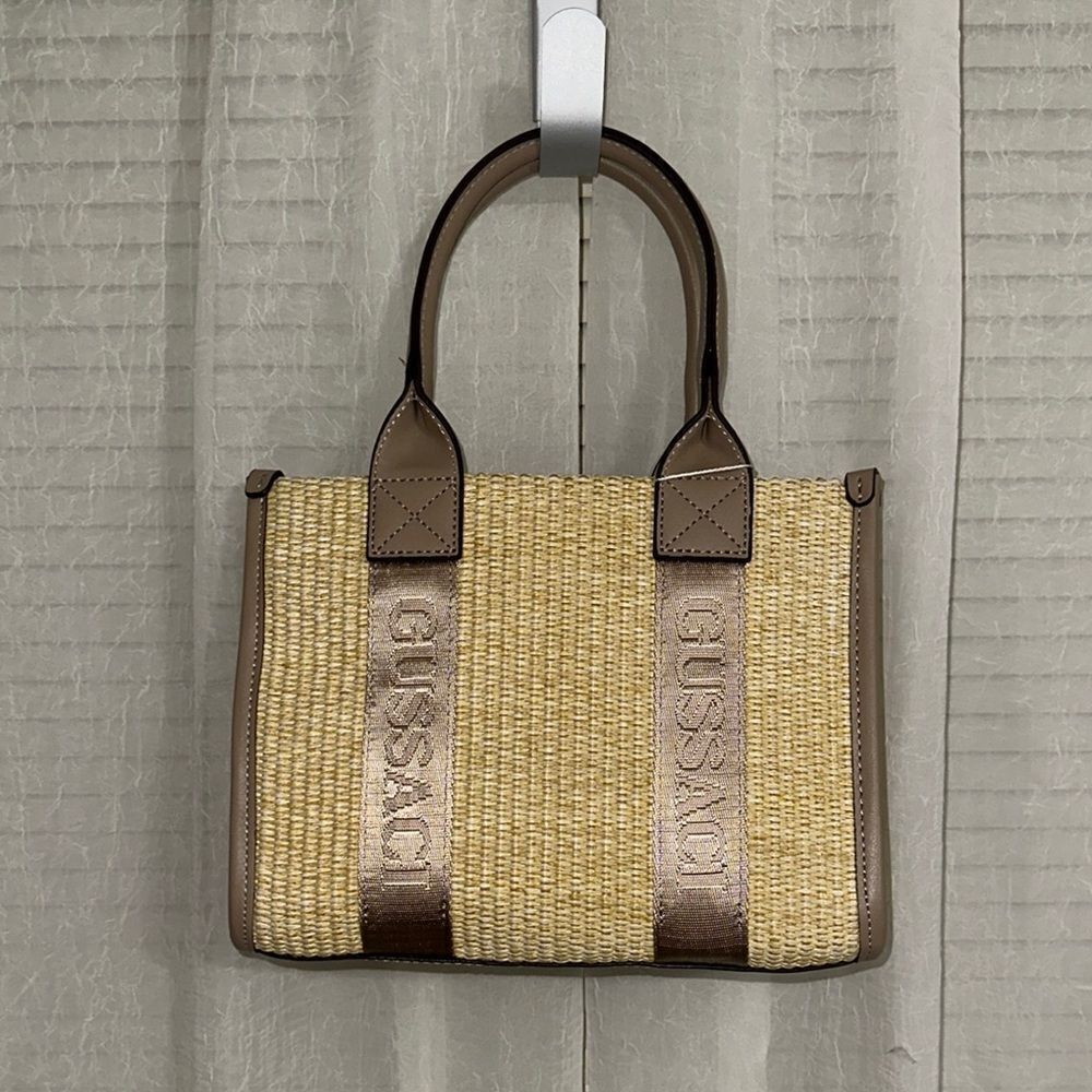 GUSSACI Tan Faux Leather Straw Logo Stripe Small Tote Crossbody Bag Purse